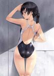  :o against_wall arm_up armpits ass backless_outfit bare_shoulders black_eyes black_hair black_swimsuit blush clenched_teeth competition_swimsuit cowboy_shot day from_behind highres kneepits looking_back nagayori one-piece_swimsuit original parted_lips ponytail shiny shiny_skin short_hair short_ponytail skin_tight solo stone_wall sunlight swimsuit teeth wall 
