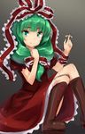  boots bow cross-laced_footwear dress frilled_ribbon frills front_ponytail green_eyes green_hair hair_bow highres kagiyama_hina lace-up_boots long_hair looking_at_viewer puffy_short_sleeves puffy_sleeves red_dress ribbon short_sleeves skirt smile solo touhou usotsuki_penta wrist_ribbon 