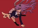  animal_ears arm_support bent_over bunny_ears foreshortening formal hair_blowing leaning_forward line_shading long_hair looking_at_viewer miata_(miata8674) necktie pink_skirt pointing purple_hair red_background red_eyes reisen_udongein_inaba skirt solo suit touhou 