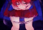  bad_id bad_pixiv_id banned_artist black_background blush cape disembodied_head dripping embarrassed holding_head miniskirt panties panty_pull pussy_juice pussy_juice_trail red_eyes red_hair sekibanki short_hair skirt solo sweat touhou towako_(10wk0) underwear 