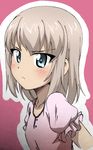  blue_eyes blush dress frown girls_und_panzer itsumi_erika long_hair looking_at_viewer maita pink_dress puffy_short_sleeves puffy_sleeves short_sleeves silver_hair solo upper_body 