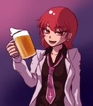  alcohol beer beer_mug black_shirt blush cross cross_necktie cup drinking_glass drunk earrings holding holding_cup horikawa_raiko jacket jewelry looking_at_viewer loose_necktie miata_(miata8674) mug necktie night open_clothes open_jacket open_mouth red_eyes red_hair shirt smile solo touhou white_jacket 