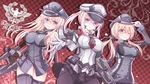  anchor_hair_ornament angeltype armpits bismarck_(kantai_collection) blonde_hair blue_eyes breasts checkered checkered_background elbow_gloves german gloves graf_zeppelin_(kantai_collection) hair_ornament hat highres iron_cross kantai_collection large_breasts long_hair looking_at_viewer machinery military military_uniform multiple_girls one_eye_closed pantyhose prinz_eugen_(kantai_collection) sideboob smile thighhighs translated turret twintails uniform wallpaper 
