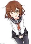  anchor_symbol black_legwear blush brown_eyes brown_hair commentary_request covering covering_crotch fang hair_ornament hairclip have_to_pee ikazuchi_(kantai_collection) kantai_collection looking_at_viewer nayuhi_(yukimuu14) neckerchief one_eye_closed open_mouth pantyhose red_neckwear school_uniform serafuku short_hair solo sweat twitter_username 