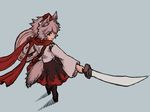  animal_ears blue_background detached_sleeves grey_hair hat holding holding_sword holding_weapon inubashiri_momiji line_shading looking_back miata_(miata8674) outstretched_arm pom_pom_(clothes) red_eyes red_scarf scarf shadow shield skirt solo sword tail tokin_hat touhou weapon wolf_ears wolf_tail 