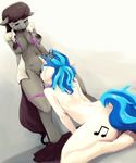  2016 absurd_res against_wall anthro anthrofied areola big_breasts blue_hair bow_tie breasts clothed clothing cunnilingus cutie_mark duo earth_pony equine female female/female friendship_is_magic hair half-closed_eyes hand_on_head hi_res hooves horn horse kneeling looking_down mammal messy my_little_pony navel nipples nsfwdozer nude octavia_(mlp) open_shirt oral panties pony pussy_juice rear_view sex simple_background skirt skirt_down standing underwear unicorn vaginal vinyl_scratch_(mlp) 