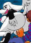 ambiguous_gender anthro big_breasts black_nose blush breasts butt canine clothed clothing dog dogaressa erection female fur human jyto male male/female mammal nipples outside penetration penis protagonist_(undertale) robe sex simple_background smile tongue undertale video_games white_fur 