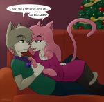  aeris_(vg_cats) anthro blue_eyes breasts cat christmas christmas_tree clothed clothing dialogue duo feline female fully_clothed fur green_eyes grey_fur hair holidays leo_(vg_cats) male male/female mammal nuzzling pink_fur romantic romantic_couple soupbag text tree vg_cats webcomic 