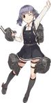  ;) arm_up bangs belt blue_hair blunt_bangs buttons clenched_hand daihatsu_(landing_craft) dress full_body grey_footwear grey_legwear gun hair_ribbon holding holding_gun holding_weapon kantai_collection kneehighs konishi_(koconatu) looking_at_viewer machinery official_art one_eye_closed ooshio_(kantai_collection) pinafore_dress remodel_(kantai_collection) ribbon school_uniform shirt shoes short_hair sleeveless sleeveless_dress smile solo standing thigh_strap torpedo transparent_background turret twintails weapon white_shirt 