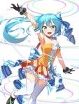 :d aqua_eyes aqua_hair arm_up armlet armpits ass_visible_through_thighs bare_shoulders black_footwear black_gloves blue_bow blush bow breasts choker cleavage decorator_(vocaloid) eyebrows eyebrows_visible_through_hair frilled_skirt frills fur_trim gloves hair_bow hatsune_miku highres kuroneko_shiro layered_skirt leg_up long_hair looking_at_viewer medium_breasts open_mouth orange_skirt outstretched_arm pleated_skirt project_diva_(series) project_diva_f_2nd shoes simple_background skirt smile solo standing standing_on_one_leg tareme thigh_gap thighhighs vocaloid white_background white_legwear zettai_ryouiki 