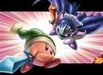  armor cape fan hat highres kirby kirby_(series) letterboxed mask meta_knight multiple_boys outside_border serious sword waddle_dee weapon yosui 