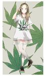  arm_behind_back border bracelet brown_hair character_print crossed_legs dress fashion frown full_body green_eyes hand_on_headphones headphones highres jewelry long_hair looking_at_viewer looney_tunes marijuana necklace nike original pepe_le_pew print_dress shoes short_sleeves sneakers solo standing thighhighs white_border white_legwear yoshito 