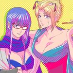  2girls 3mm blonde_hair breasts cleavage folded_ponytail gintama glasses large_breasts long_hair multiple_girls pipe purple_eyes purple_hair sarutobi_ayame scar smile tsukuyo tsukuyo_(gintama) 