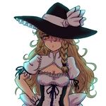  backlighting black_hat black_ribbon blonde_hair bloom braid breasts cleavage curiosities_of_lotus_asia dress frilled_dress frills gloves grimoire_of_marisa hand_on_hip hat hat_over_one_eye hat_ribbon kirisame_marisa long_hair looking_at_viewer medium_breasts messy_hair miata_(miata8674) puffy_short_sleeves puffy_sleeves ribbon short_sleeves side_braid single_braid solo taut_clothes taut_dress touhou underbust upper_body very_long_hair white_gloves white_ribbon witch_hat yellow_eyes 