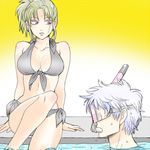  1boy 1girl 3mm bikini blonde_hair breasts cleavage gintama ponytail purple_eyes sakata_gintoki scar short_hair sitting tsukuyo tsukuyo_(gintama) 