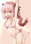  :d arm_behind_head armpits arms_up ass astolfo_(fate) barefoot batatata77 bikini braid bulge fang fate/apocrypha fate/grand_order fate_(series) feet hair_ribbon long_hair looking_at_viewer male_focus navel nipples open_mouth otoko_no_ko pink_bikini pink_hair purple_eyes ribbon smile soles solo swimsuit 