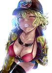  baseball_cap black_gloves blonde_hair breasts cidney_aurum cleavage commentary_request cropped_jacket denim denim_shorts dirty_face final_fantasy final_fantasy_xv gloves goggles goggles_around_neck green_eyes hat large_breasts leaning_forward lips navel one_eye_closed pija_(pianiishimo) short_hair shorts smile solo sweat thighhighs 