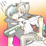  1boy 1girl 3mm blonde_hair blush drunk folded_ponytail gintama hug japanese_clothes sakata_gintoki scar thighhighs tsukuyo tsukuyo_(gintama) 