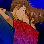  1boy 1girl 3mm blush brown_hair couple eyes_closed gintama hug japanese_clothes kiss kondo_isao kondou_isao ponytail shimura_tae uniform 