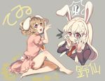  2girls animal_ears bad_id bad_pixiv_id barefoot blazer brown_hair bunny_ears carrot_necklace character_name cheong_ha facepaint inaba_tewi jacket long_hair multiple_girls necktie o_o open_mouth pink_shirt pink_skirt puffy_short_sleeves puffy_sleeves red_eyes red_neckwear reisen_udongein_inaba shirt short_hair short_sleeves simple_background sitting skirt sweat teeth touhou upper_body white_hair 