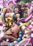  ame_no_uzume_(gensou_no_minerva_knights) armlet bare_shoulders beads black_hair blue_eyes bracelet breasts cherry_blossoms cleavage detached_sleeves earrings floral_print flower gensou_no_minerva_knights hagoromo hair_flower hair_ornament headdress japanese_clothes jewelry kimono large_breasts leg_up long_hair looking_at_viewer nail_polish night obi official_art petals sash shamakho shawl solo thighhighs torii very_long_hair wide_sleeves 