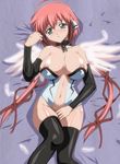  angel bed black_legwear breasts ikaros large_breasts lying nipples pink_hair sora_no_otoshimono thighhighs wings 