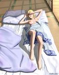  1girl blonde_hair breasts feet futon gintama katzueki lying nipples pillow solo tsukuyo tsukuyo_(gintama) 