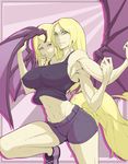  2_heads 4_arms abs animal_tail armpits basket bat_wings blonde_hair blue_eyes breasts claws clothes clothing conjoined erect_nipples female hair helena_and_kassandra human humanoid katkooki large_breasts long_hair looking_at_viewer mammal materclaws membranous_wings multi_arm multi_head multi_limb multiple_arms multiple_girls nipples not_furry parted_lips shirt short smile vampire wings 