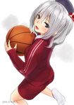  ama_mitsuki artist_name ball basketball beret blush dated grey_eyes gym_shorts hat holding holding_ball jacket kantai_collection kashima_(kantai_collection) kneeling looking_at_viewer open_mouth shorts silver_hair smile socks solo track_jacket twintails two_side_up white_legwear 