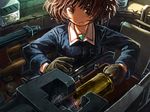  akiyama_yukari ammunition bangs black_gloves blue_jacket blush brown_eyes brown_hair clenched_hand dark frown girls_und_panzer gloves green_shirt ground_vehicle jacket lain long_sleeves messy_hair military military_uniform military_vehicle motor_vehicle ooarai_military_uniform panzerkampfwagen_iv shirt short_hair solo sunlight tank tank_interior tank_shell uniform upper_body 