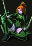  1girl alien blue_eyes dc_comics gloves green_lantern green_lantern_(series) kunai laira_omoto leotard orange_hair pink_skin pointy_ears ponytail ring sitting solo spear thighhighs weapon 