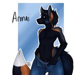  2016 anthro aronai black_fur black_hair black_nose blue_background brown_eyes brown_fur canine clitoris clothed clothing cuntboy english_text fox fur grey_fur hair intersex kitsune-kajiru long_hair looking_at_viewer mammal multicolored_fur navel pants pussy signature simple_background solo text topless underwear undressing white_background white_fur 