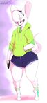  anthro big_butt butt clothed clothing digital_media_(artwork) eyeshadow footwear fur green_eyes hair hairband hoodie legwear looking_at_viewer makeup male mammal mouse mousetrap_(character) open_mouth phone pocket rodent shoes shorts simple_background smilebomb socks solo standing white_fur white_hair wide_hips 