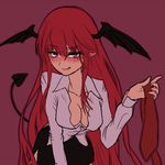  arm_support bat_wings black_skirt blush breasts cleavage collarbone come_hither demon_tail dress_shirt eyelashes head_wings koakuma large_breasts leaning_forward licking_lips lips long_hair looking_at_viewer miata_(miata8674) miniskirt necktie necktie_removed open_clothes open_shirt pointy_ears purple_eyes red_hair shirt simple_background skirt solo tail tongue tongue_out touhou very_long_hair wings 