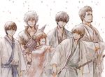  5boys acaco black_hair brown_hair bun_cover cherry_blossoms gintama glasses hijikata_toushirou japanese_clothes kagura_(gintama) katana katsura_kotarou long_hair multiple_boys okita_sougo petals sakata_gintoki scar shimura_shinpachi short_hair silver_hair sword weapon 