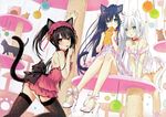  animal animal_ears aqua_eyes bicolored_eyes bow breasts brown_hair cat catgirl cleavage date_a_live dress food headband photoshop purple_eyes purple_hair scan stockings tail taiyaki thighhighs tobiichi_origami tokisaki_kurumi tsunako twins white_hair yatogami_tohka 