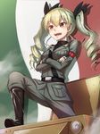  anchovy anzio_military_uniform belt black_footwear black_shirt boots commentary_request dress_shirt drill_hair flag_background girls_und_panzer green_hair grey_jacket grey_pants hair_ribbon highres hiruno italian_flag jacket knee_boots leg_up long_hair long_sleeves military military_uniform military_vehicle necktie open_mouth pants red_eyes ribbon riding_crop shirt shoulder_belt smile solo standing twin_drills twintails uniform 