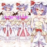  bare_shoulders bat_wings bed_sheet bespectacled blue_hair blush breasts dakimakura dress dress_lift dress_tug fang from_above garter_straps glasses hat hat_ribbon highres looking_at_viewer lying mob_cap multiple_views nipples ogami_kazuki on_back open_mouth panties red_eyes remilia_scarlet ribbon sample small_breasts smile thighhighs touhou underwear white_legwear wings 