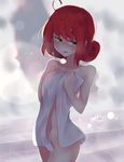  ahoge angry_num bad_id bad_pixiv_id blush curly_hair green_eyes hands_on_own_chest highres looking_down naked_towel nude penny_(stardew_valley) red_hair solo stardew_valley towel water wet 