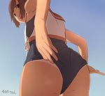  :o adjusting_clothes adjusting_swimsuit armpits ass bad_id bad_twitter_id bare_arms bare_shoulders blue_sky blue_swimsuit brown_eyes brown_hair character_name day from_behind from_below i-401_(kantai_collection) kantai_collection looking_at_viewer looking_back looking_down number open_mouth school_swimsuit shirt short_hair sky sleeveless sleeveless_shirt solo sunlight swimsuit swimsuit_under_clothes white_shirt youmak 