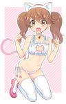  animal_ears bell bell_collar brown_eyes brown_hair cat_cutout cat_ear_panties cat_ears cat_lingerie cat_tail cleavage_cutout collar fang hairband jingle_bell kantai_collection kneeling looking_at_viewer meme_attire midriff mochiya_marosuke navel open_mouth panties paw_pose ryuujou_(kantai_collection) side-tie_panties solo tail thighhighs twintails underwear 