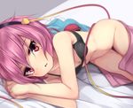  :o arai_togami bed_sheet black_bra blurry blush bottomless bra breasts cleavage collarbone depth_of_field eyeball frilled groin hairband heart komeiji_satori looking_at_viewer lying on_bed on_side open_mouth own_hands_together parted_lips pink_eyes pink_hair pink_skirt shirt_removed skirt skirt_removed small_breasts solo string third_eye touhou tsurime underwear 