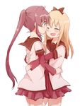  bafarin blonde_hair bow couple hair_bow hug long_hair multiple_girls nanamori_school_uniform ponytail purple_eyes purple_hair school_uniform serafuku smile sugiura_ayano tears toshinou_kyouko yuri yuru_yuri 