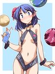  adapted_costume blue_eyes blue_hair blush breasts clothes_writing cowboy_shot cup drinking_glass drinking_straw earrings earth hair_ornament hecatia_lapislazuli hemogurobin_a1c jewelry looking_at_viewer medium_breasts moon navel no_hat no_headwear slingshot_swimsuit solo swimsuit touhou wavy_mouth 