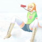  blonde_hair boots clothed clothing collar cum cum_on_face disembodied_penis elf female footwear hair hi_res hoodie hoodie_(artist) humanoid leg_warmers legwear male male/female not_furry outside penis pointy_ears shorts simple_background solo_focus 
