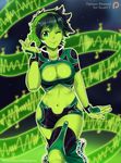  1girl ame-comi blind cleavage_cutout dc_comics fingerless_gloves flying gloves green_eyes green_lantern green_lantern_(series) green_skin headphones hip_vent jade_(dc) midriff musical_note short_hair shorts solo wink 