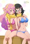  :d absurdres amasaki_manamu bikini black_hair breasts cleavage duplicate front-tie_top glasses green_eyes highres large_breasts luck_&amp;_logic multiple_girls navel official_art open_mouth pink_eyes pink_hair scarf shared_scarf short_hair side-by-side side-tie_bikini smile swimsuit venus_(luck_&amp;_logic) yurine_tamaki 