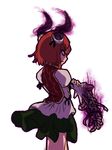  angry aura bandages dark_aura from_behind glowing glowing_eyes green_skirt holding_arm horns ibaraki_kasen miata_(miata8674) oni red_eyes red_hair serious short_hair simple_background skirt smoke solo tabard torn_clothes touhou walking white_background 
