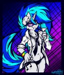  2014 abstract_background anthro anthrofied bracelet breasts clothed clothing equine eyewear fangs female friendship_is_magic fur glasses hair horn invalid_tag jewelry looking_at_viewer mammal mimy92sonadow multicolored_hair my_little_pony necktie panties red_eyes shirt solo tattoo underwear unicorn vinyl_scratch_(mlp) white_fur 