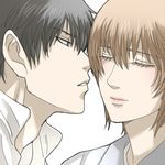  1boy 1girl 3mm black_hair brown_hair couple eyes_closed gintama hijikata_toushirou okita_mitsuba short_hair 